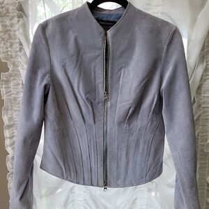 MODA INTL - Sleek Misty Blue Suede Jacket with Tailored Fit - Size 10